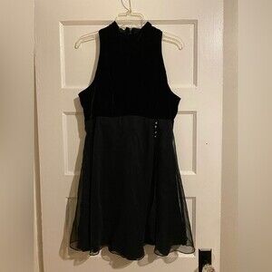 Betsy & Adam black velvet halter top tulip petal hemline mini dress